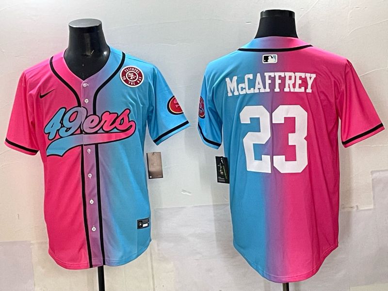 Men 2025 San Francisco 49ers 23 Mccaffrey Blue pink Nike Limited NFL Jersey style 010
